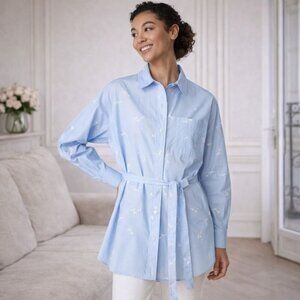 Kal Rieman Deanna Shirt Blouse NWT Oxford Blue and White Bird Print with  belt